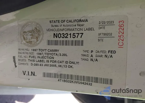 1997 Toyota Camry Le from USA, damaged, VIN 4T1BG22K3VU042432